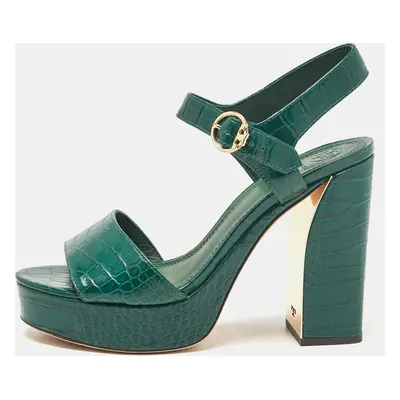 Tory Burch Green Croc Embossed Leather Ankle Strap Sandals Size 39.5