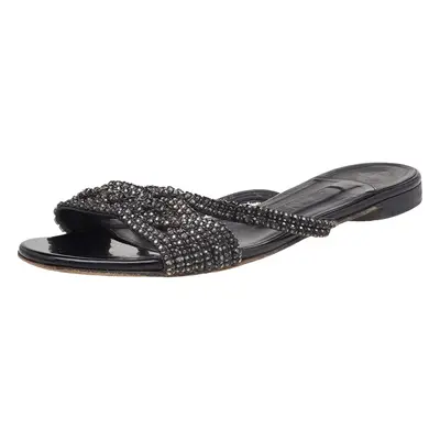 Gina Black Crystal Embellished Leather Flat Slides Size 37.5