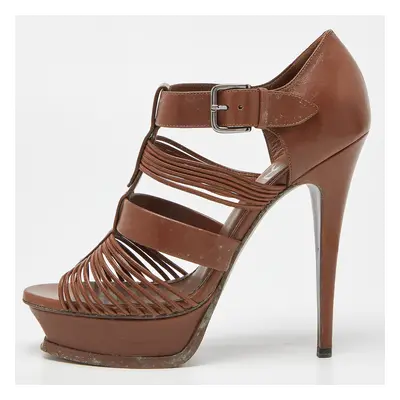 Saint Laurent Brown Leather Strappy Platform Sandals Size 39.5