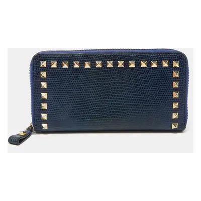 Valentino Blue Lizard Rockstud Zip Around Wallet