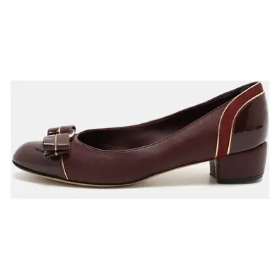 Salvatore Ferragamo Burgundy Leather and Suede Vara Bow Block Heel Pumps Size 35.5