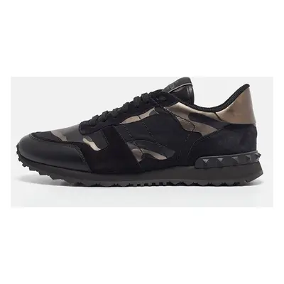 Valentino Black/Metallic Leather and Suede Rockrunner Lace Up Sneakers Size