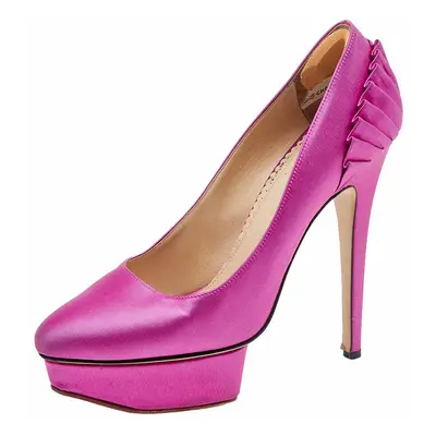 Charlotte Olympia Pink Satin Paloma Fan Pleat Platform Pumps Size 38.5