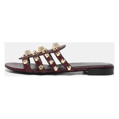 Balenciaga Burgundy Embossed Python Studded Arena Flat Slides Size 38.5