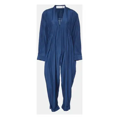 Victoria Victoria Beckham Navy Blue Silk & Cotton V-Neck Jumpsuit