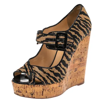 Christian Louboutin Brown Raffia Tiger Melides Wedge Sandals Size 38.5