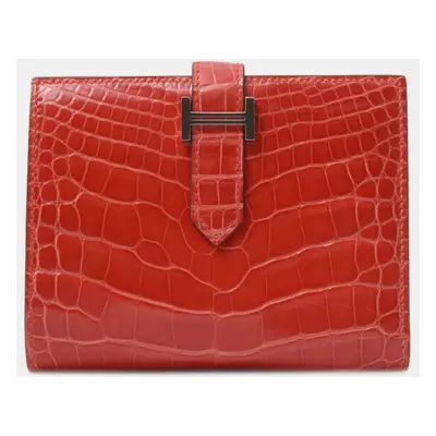 Hermès Red Geranium Shiny Alligator Compact Bearn Wallet