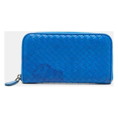 Bottega Veneta Blue Intrecciato Leather Zip Around Wallet