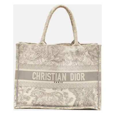 Dior Grey/White Embroidered Canvas Medium Toile De Jouy Book Tote