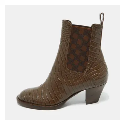 Fendi Brown Croc Embossed Leather Karligraphy Ankle Boots Size