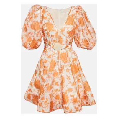 Zimmermann Orange Floral Print Linen Blend Puff Sleeve Postcard Mini Dress