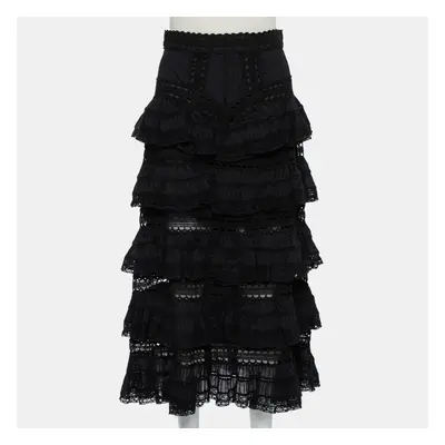 Zimmermann Black Paneled Cotton Lace Trim Ruffled Tiered Midi Skirt