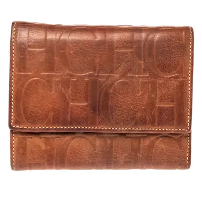 Carolina Herrera Brown Embossed Leather Trifold Compact Wallet