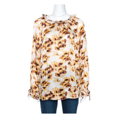 CH Carolina Herrera White & Brown Printed Silk Ruffled Blouse