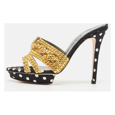 Gina Gold/Black Crystal Embellished Polka Dot Fabric Slide Sandals Size 36.5