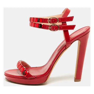 Sergio Rossi Red Leather Crystal Embellished Ankle Strap Sandals Size