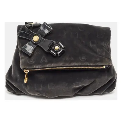 Marc by Marc Jacobs Grey/Black Velvet and Croc Embossed Leather Bow Fold Over Clutch