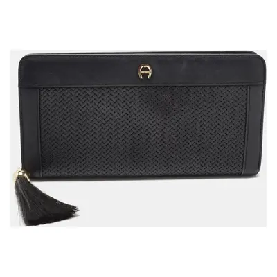 Aigner Black Woven Leather Cavallina Zip Around Continental Wallet