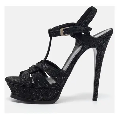 Saint Laurent Black Textured Suede Tribute Platform Sandals Size 38.5