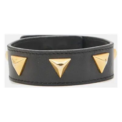 Saint Laurent Paris Black Leather Triangle Studs Gold Tone Cuff Bracelet