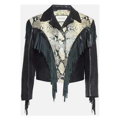 Gucci Black Python Embossed Fringed Leather Jacket