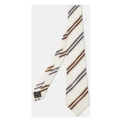 Ermenegildo Zegna Off White Striped Silk and Linen Tie