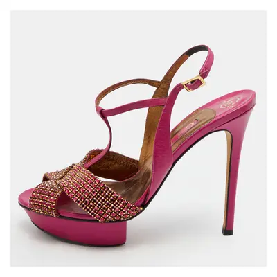 Gina Pink Leather Sheridan Crystal Embellished Platform T-Strap Sandals Size