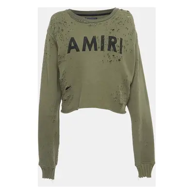 Amiri Military Green Logo Print Distressed Cotton Sweatshirt