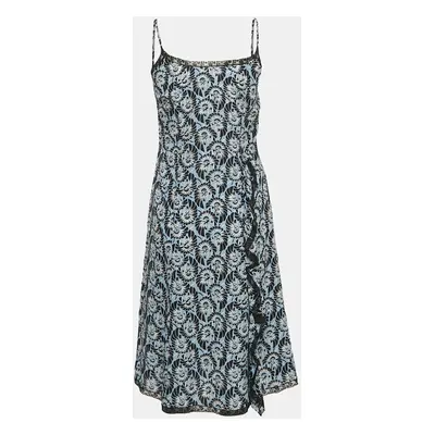 Prada Blue Floral Print Silk Ruffled Sleeveless Short Dress