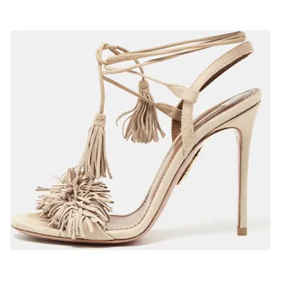 Aquazzura Beige Suede Wild Thing Fringe Ankle Wrap Sandals Size