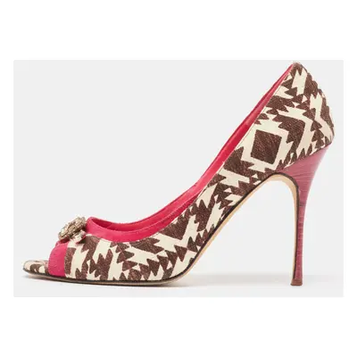 Manolo Blahnik Tricolor Printed Canvas and Suede Embellished Buckle Peep Toe Pumps Size 40.5