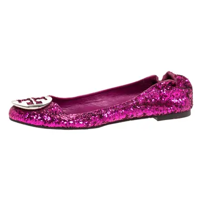 Tory Burch Metallic Pink Coarse Glitter Fabric Minnie Ballet Flats Size