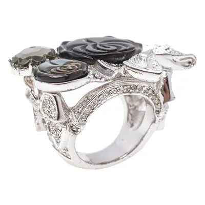 Dior Silver Tone Crystal Bow Detail Cocktail Ring Size