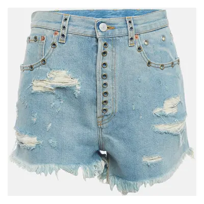 Gucci Blue Distressed Denim Embellished Shorts Waist 29"