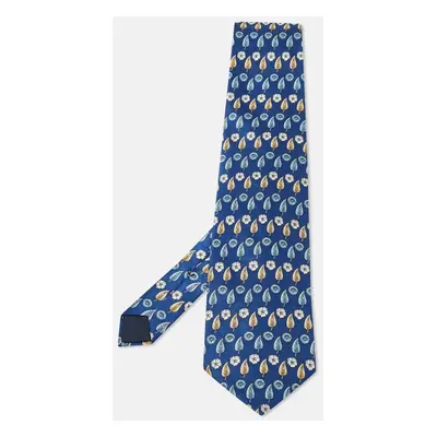 Lanvin Blue Leaf Print Satin Silk Traditional Tie