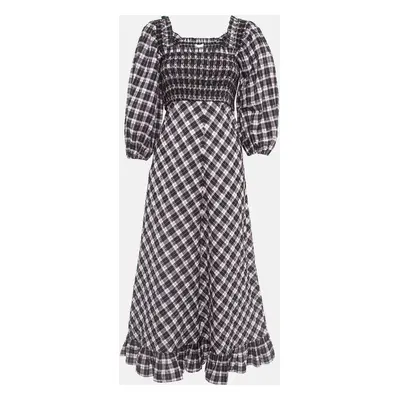 Ganni Black/Sweet Lilac Checked Cotton Blend Smocked Seersucker Maxi Dress