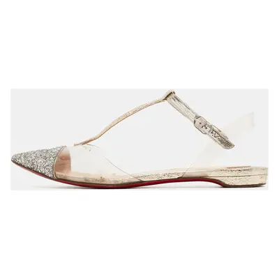 Christian Louboutin Silver/Gold Coarse Glitter and PVC Nosy T-Strap Flats Size 37.5