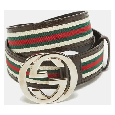 Gucci Brown Web Canvas and Leather Interlocking G Buckle Belt