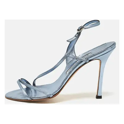 Manolo Blahnik Metallic Blue Leather Strappy Slingback Sandals Size