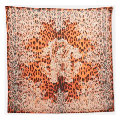 Roberto Cavalli Orange Animal and Floral Lace Print Silk Scarf