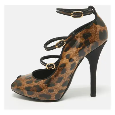 Dolce & Gabbana Brown/Black Leopard Print Patent Peep Toe Pumps Size