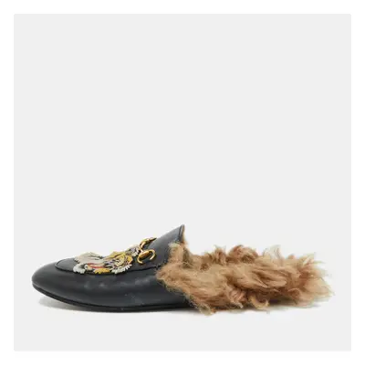 Gucci Black Leather and Fur Tiger Embroidered Princetown Mules Size