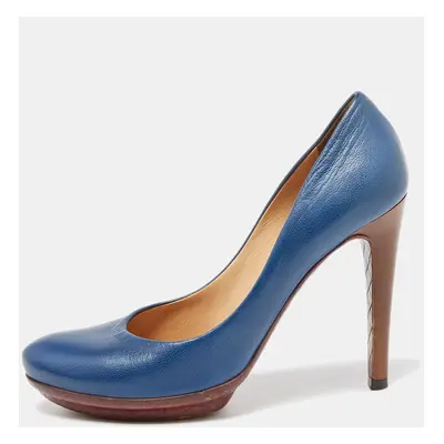 Bottega Veneta Blue Leather Round Toe Platform Pumps Size 37.5