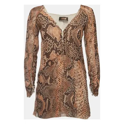 Roberto Cavalli Brown Snake Print Silk Long Sleeve Flared Mini Dress