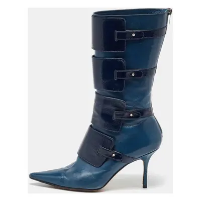 Jimmy Choo Navy Blue Leather Pointed Toe Calf length Boots Size