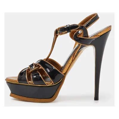 Yves Saint Laurent Black/Gold Patent Leather Tribute Platform Ankle Strap Sandals Size