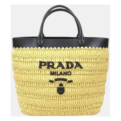 Prada Small Crochet x Leather Rayon Natural Black Handbag