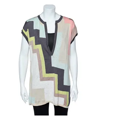 M Missoni Multicolor Geometric Pattern Cotton Knit Plunging Neck Top