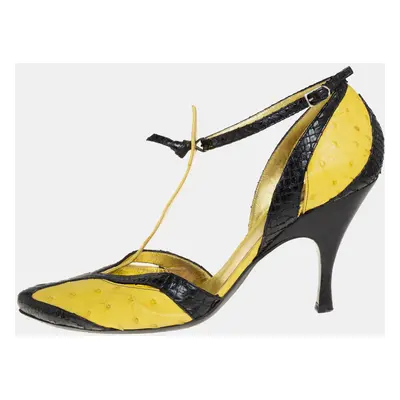 Bottega Veneta Yellow/Black Ostrich And Python Ankle Strap Pumps Size