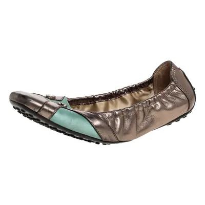 Tod's Metallic/Green Leather Scrunch Ballet Flats Size 38.5